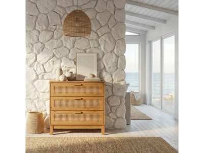 Cômoda Acapulco 3 Gavetas em Madeira Maciça com Rattan | Cor cera natural 